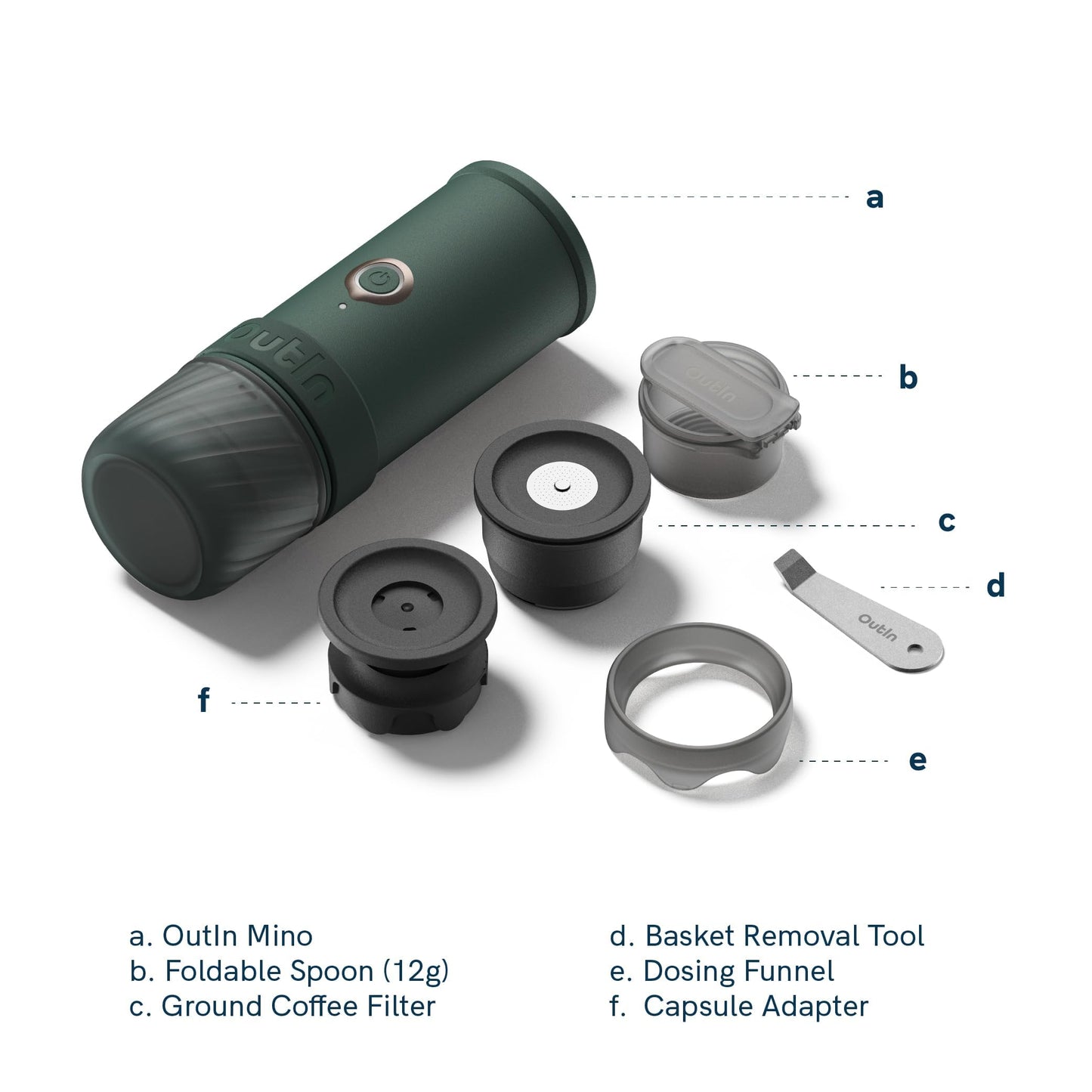 OutIn Mino Portable Electric Espresso Machine, Mini Camping Coffee Maker for Travel, Pocket Sized Coffee Machine Self-Heating, Ground Coffee & NS Capsule Adapter For Adventure