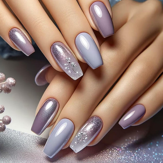 Purple Gradient Press on Nails Medium Length Flower False Nails Purple Glitter Powder Design Glossy Acrylic Nails Ballet Shaped Stick on Nails Full Cover Glue on Nails Artificial Nails for Women 24Pcs