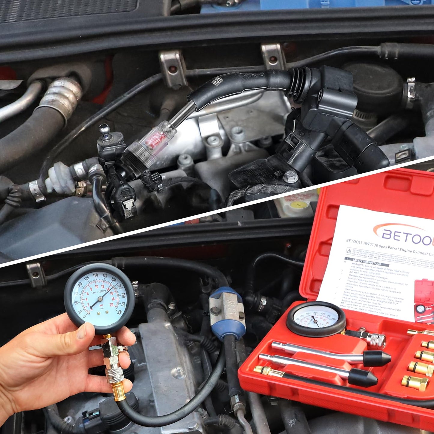 BETOOLL 9pcs Compression Tester with Spark Plug Tester - 300PSI Car and Motorcycle Engine Cylinder Compression Gauge Automotive Tool