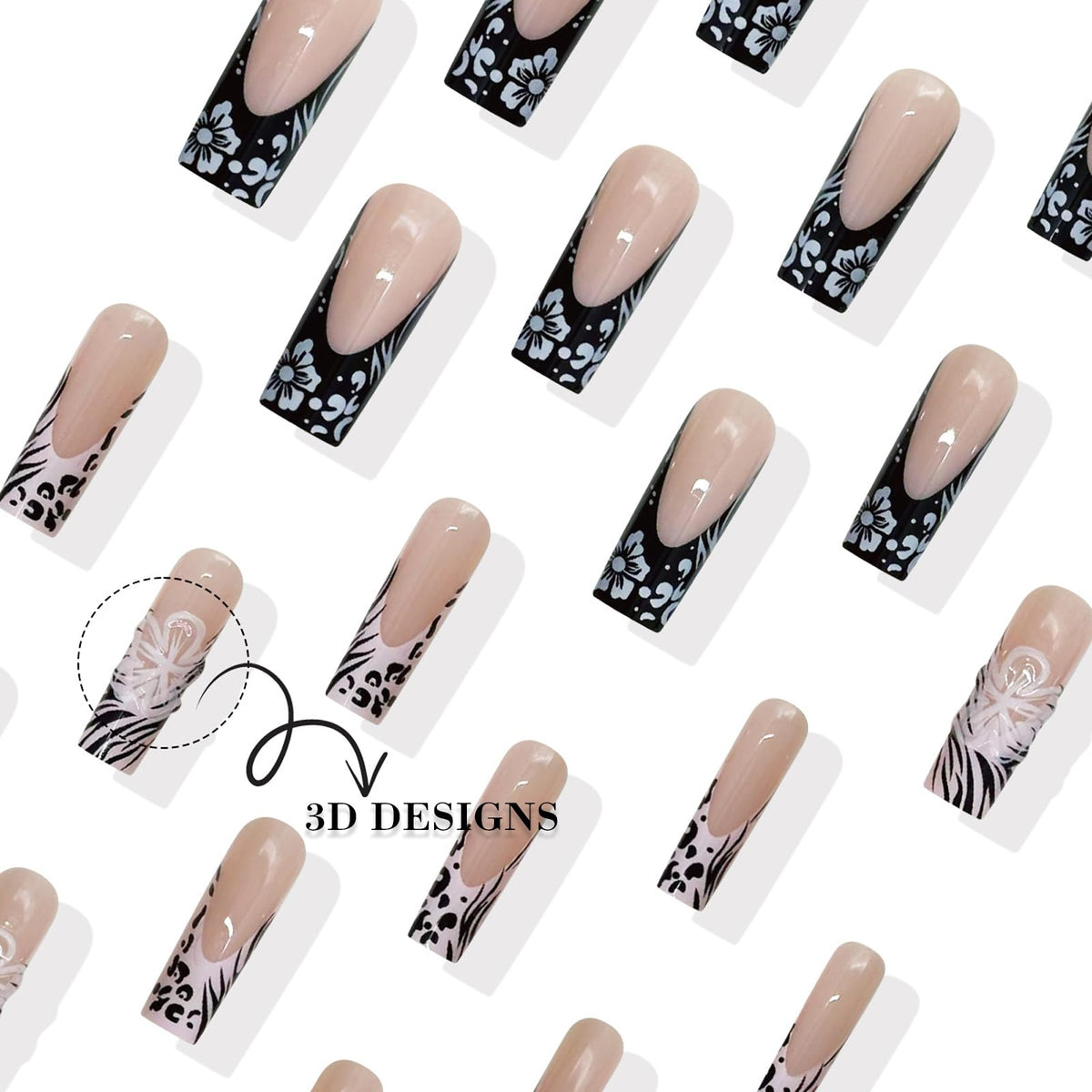 IMRAIN Press on Nails Long Square Fake Nails Black White Zebra Stripes French Tips False Nails with 3D Flower Designs Full Cover Glossy Artificial Glue on Nails for Women 24Pcs