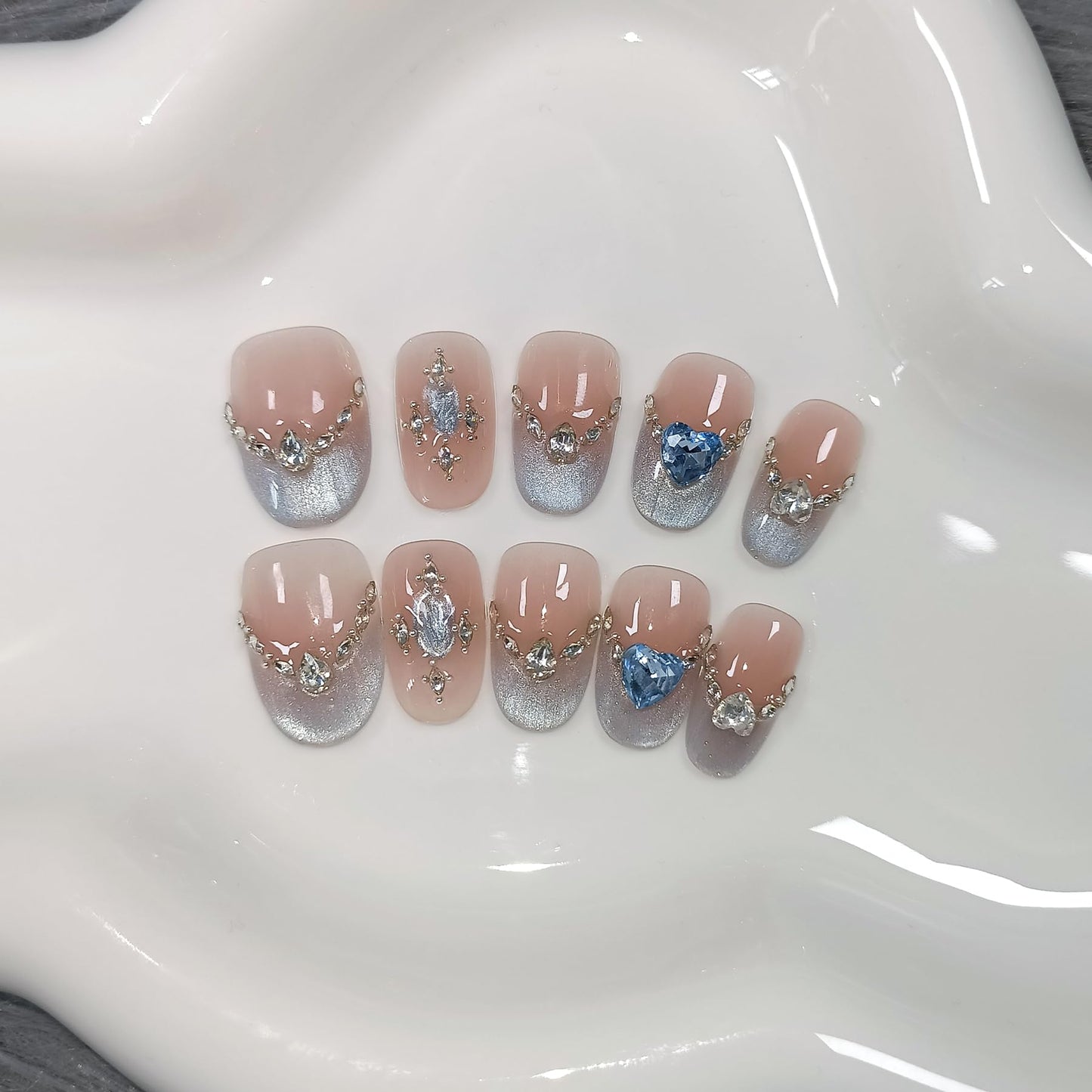 TENPAL Handmade Press on Nails Short Oval- Icy Blue French Tips Fake Nails with Cat Eye Designs, Glitter Glossy False Nails Kits for Women,Cute Sheer Stick on Nails for Daily Wear(M)
