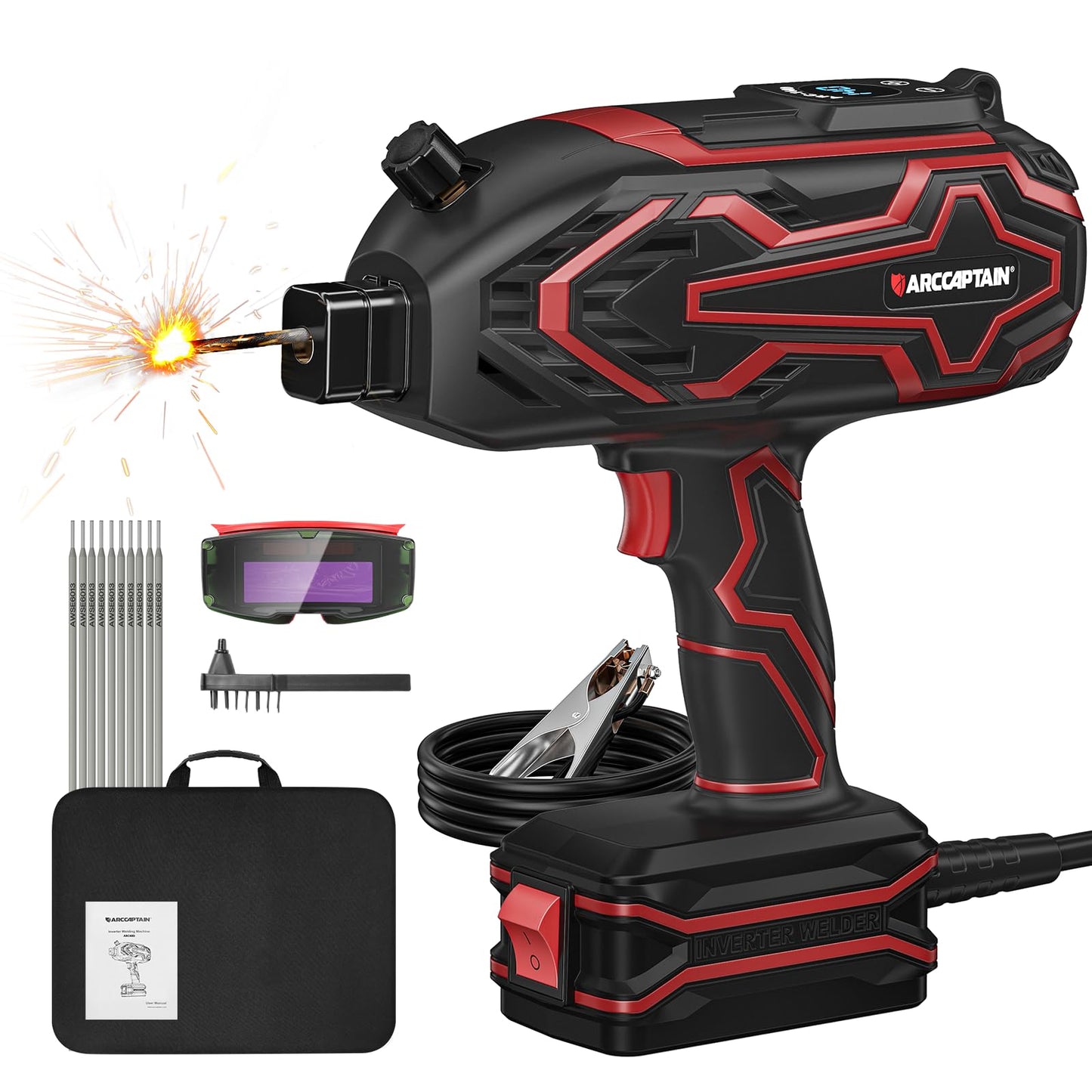 ARCCAPTAIN 140A Handheld Welder, [LED Display] Portable Welding Machine 110V with Hot Start, Arc force and Anti-Stick, IGBT Portable ARC Welder with Auto Darkening Goggles for 1/16"-1/8" Welding Rods