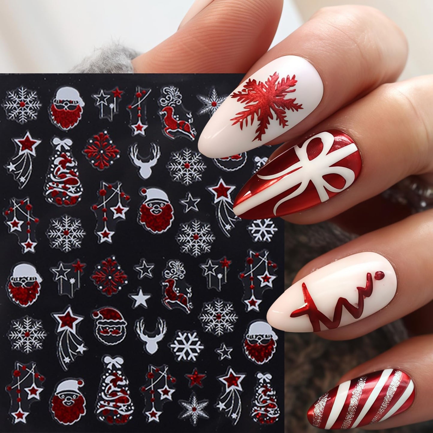9 Sheets Glitter Christmas Nail Art Stickers Snowflake Christmas Tree Nail Decals 3D Self-Adhesive Bow Snowball Santa Claus Nail Design DIY Christmas Nail Supplies Star Elk Nail Decoration for Women