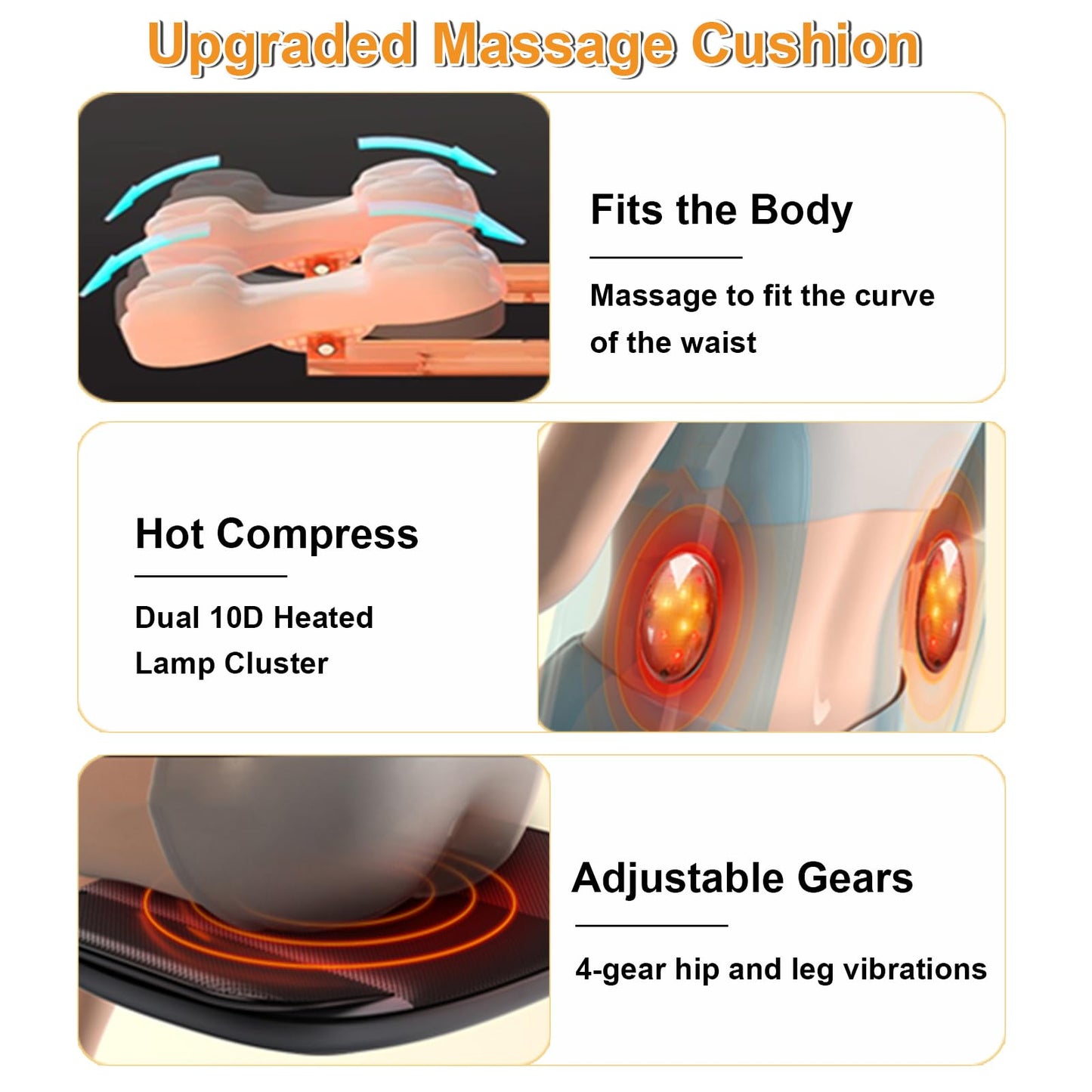 Lvrunben Shiatsu Back Massager with Heat, 3D Kneading Massage Chair Pad, Electric Massage Seat Cushion for Body, Neck,Shoulder, with Movable Multi-Function Leg and Foot Massager, for 62-69 inches