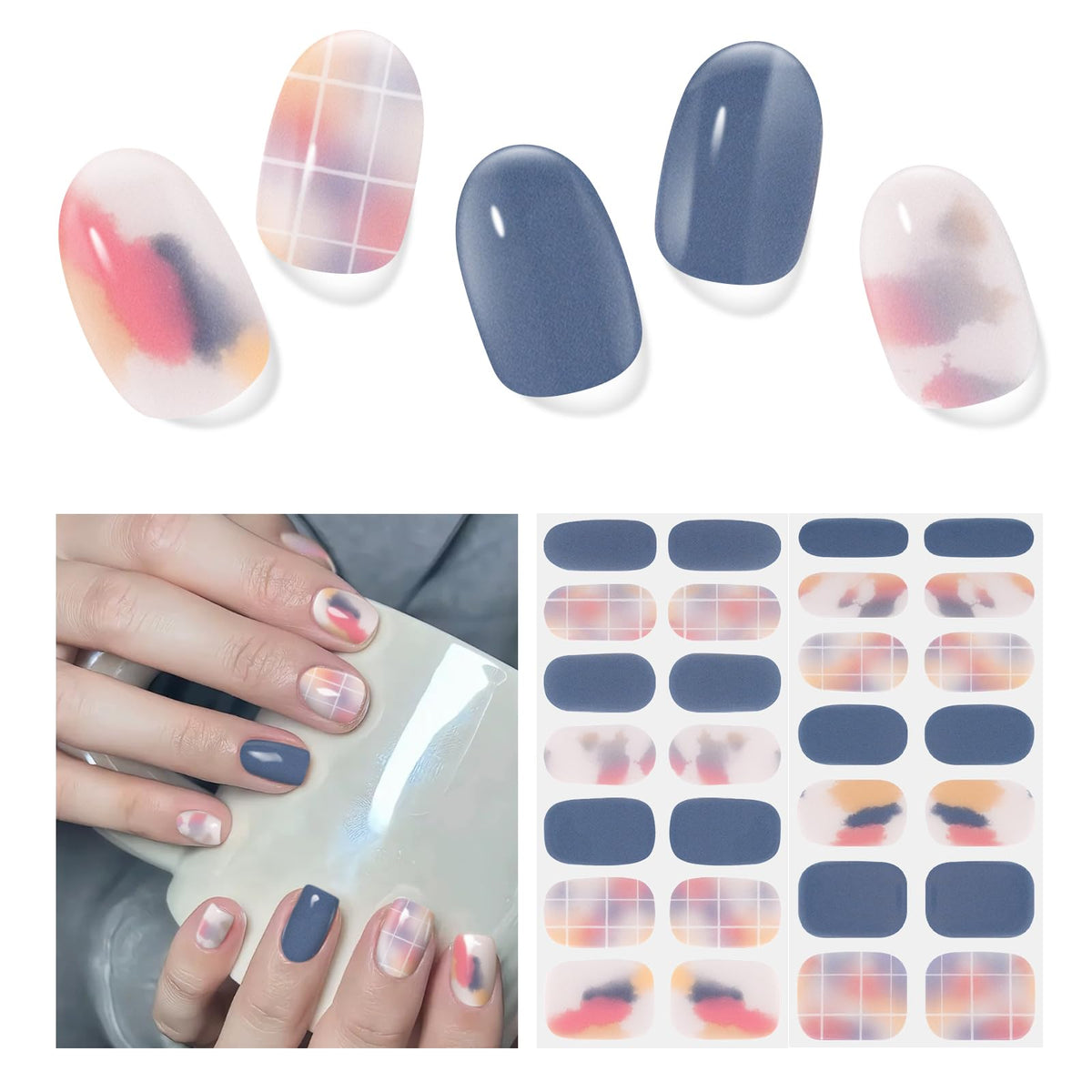DUKASOU Semi Cured Gel Nail Strips,28 pcs Street Color Gel Nail Stickers with UV Light Required,Long Lasting Nail Art Stickers, Easy to Apply（Cream Blue）