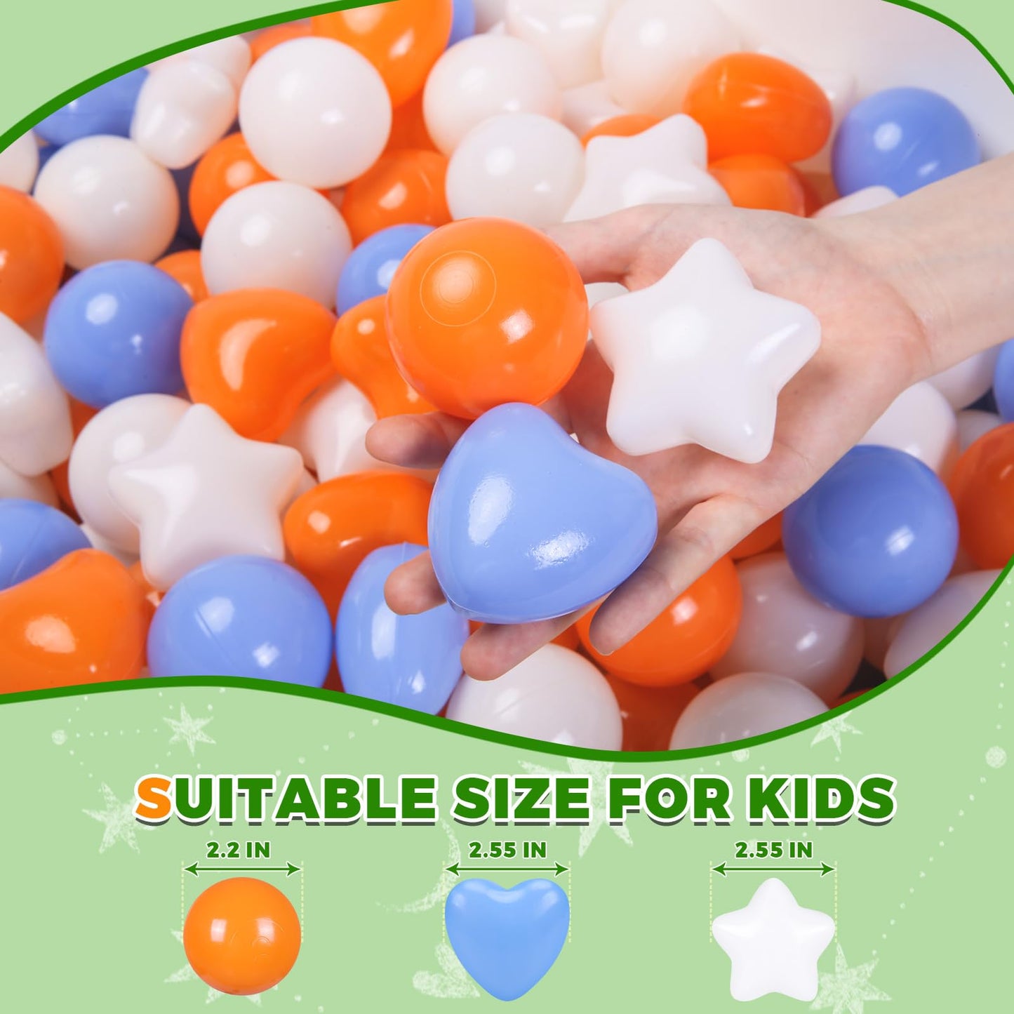 TRENDPLAY Ball Pit Balls Star and Heart Shapes for Toddlers - 200 Count Plastic Balls for Ball Pit Fun and Play (Beige Orange Blue)