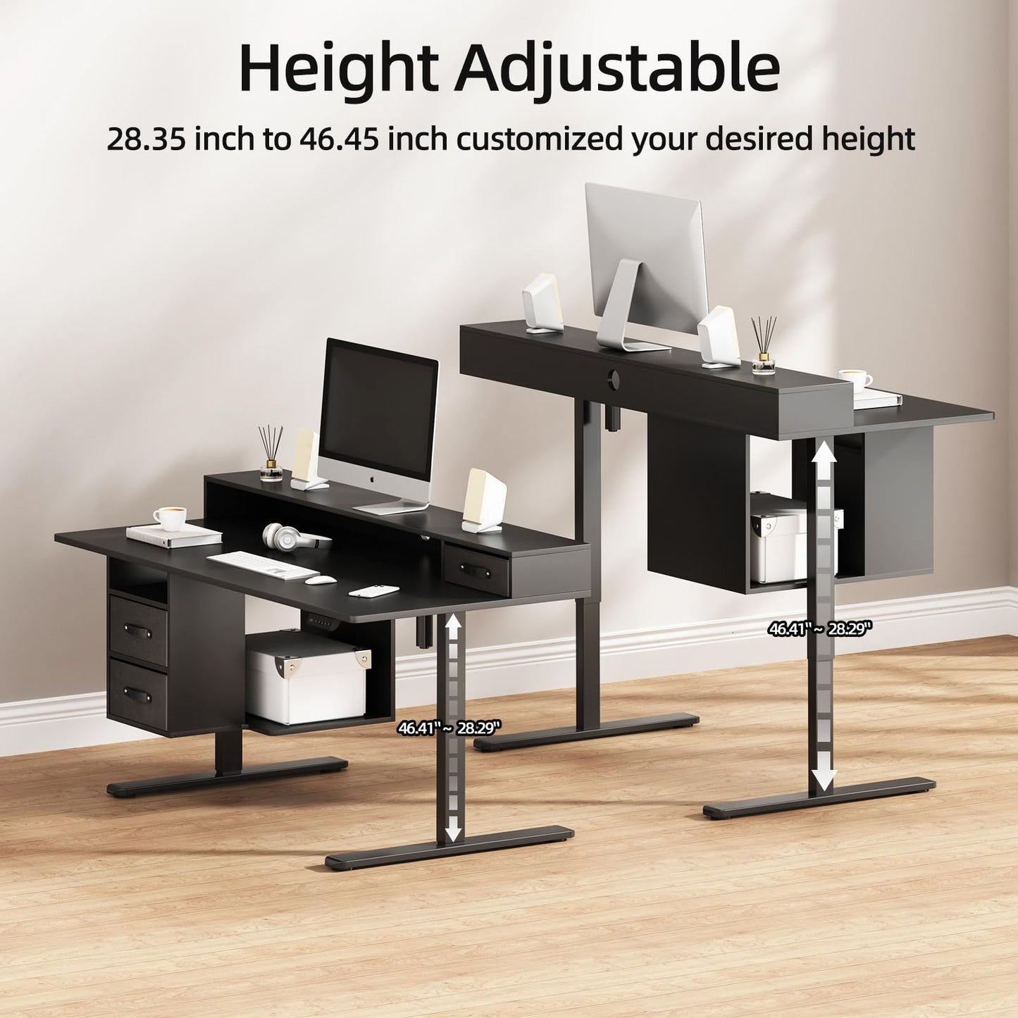 55x24 Inches Standing Desk with Drawers, Electric Computer Desk with Open Storage Shelf, Stand Up Desk, Adjustable Height 28-46 Inches for Home and Computer Workstation, Black
