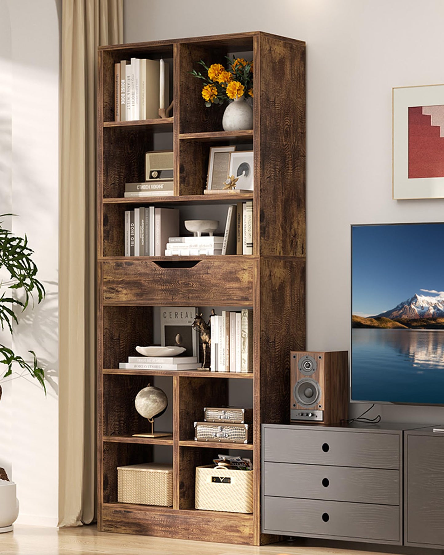 Armocity 8-Tier Book Shelf with Drawer, 73.6" Tall Bookcase and Bookshelf Modern Freestanding Open Display Shelves for Living Room Home Office, Bedroom, Rustic Brown