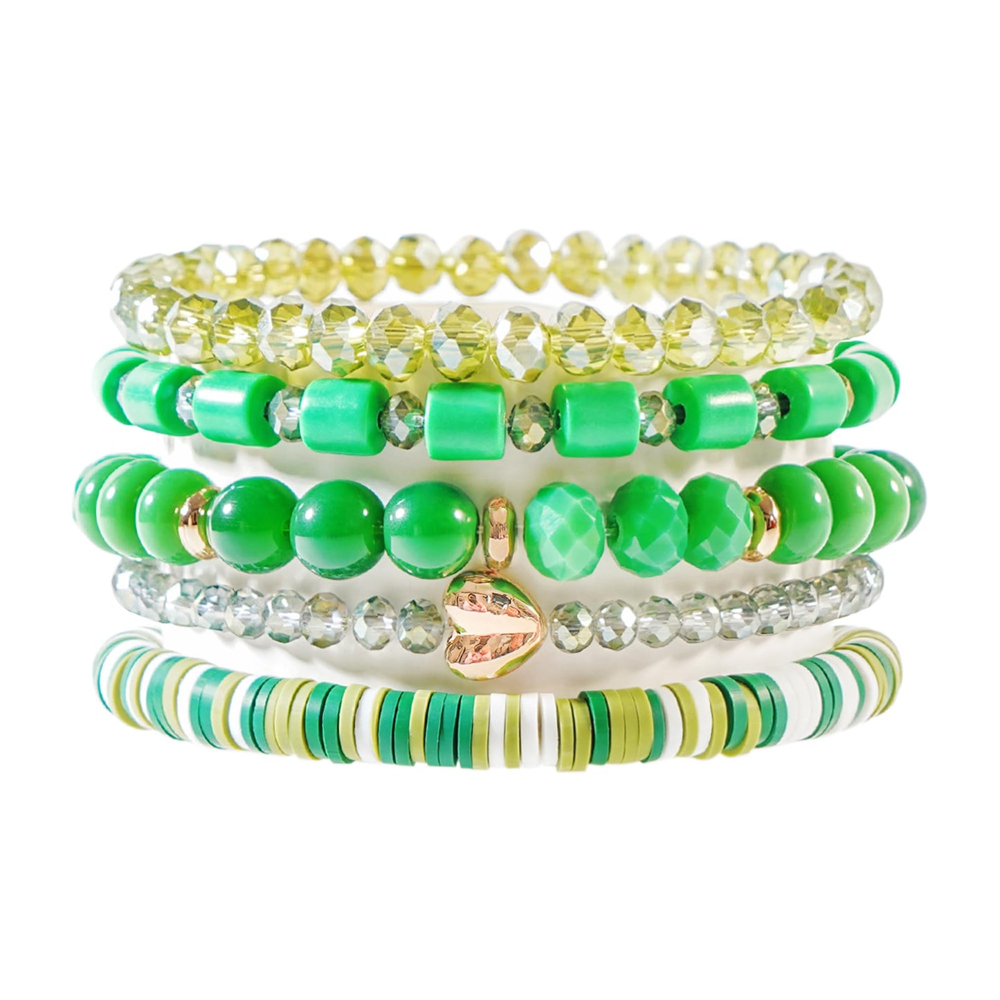 RISHEGAE Green Crystal Heishi Beaded Bracelet for Women St Patricks day Bracelets Layering Friendship Summer Beach Stretch Bracelet for Women Trendy