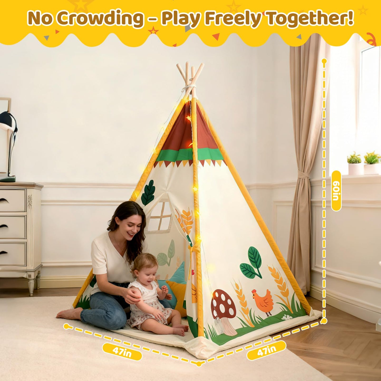 Duwenem Teepee Tent for Kids, Play Tent with Padded Mat & Star Lights, Indoor Play Tent for Girls & Boys, Pastoral Chicken
