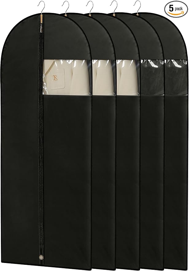 Dress Bags for Gowns, 65'' Long Garment Bags for Hanging Clothes, Dress Garment Bag, Black Dress Bag with Clear Window for Dresses, Coats, Uniformsï¼5 Packsï¼