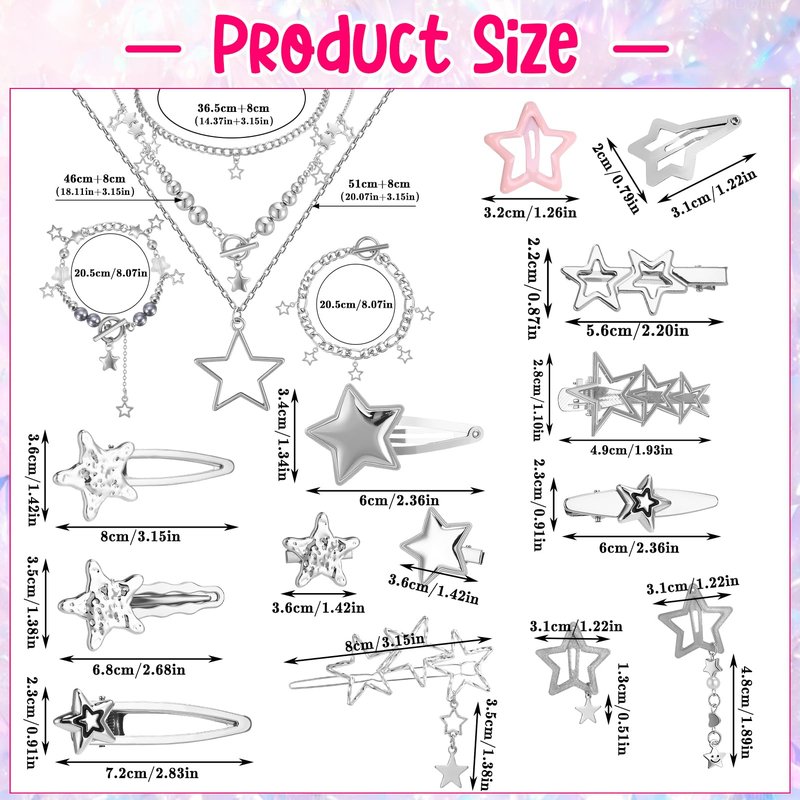 ZhouBoat 45PCS Y2K Hair Clips for Women Girls Star Barrettes Necklace Bracelets Set Kawaii Retro 2000s Hair Accessories Festival Rave Grunge Aesthetic