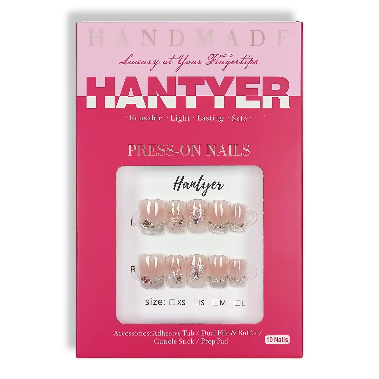 Hantyer Handmade Press On Nails Short Square,Acrylic French Crystal Cat Eye & Chain Pearl Butterfly Design Fake Nails,Cute Korean Pink False Nails 10PCS with Tools Kit for Women Daily (Size S)
