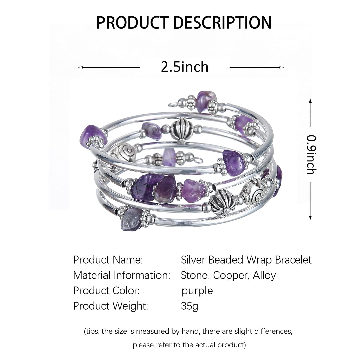 FULU AUTUMN Stone Silver Bangle Wrap Bracelet Boho Turquoise Crystal Chips Bead Bracelets Fashion Jewelry Birthday Gifts for Women(19-Purple)