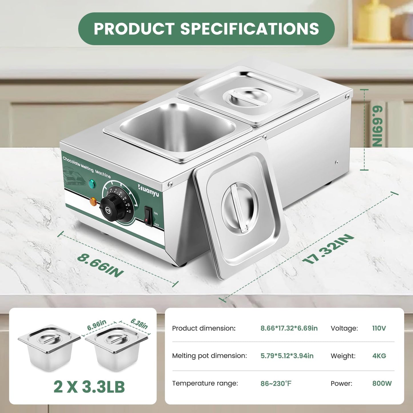 Huanyu Chocolate Tempering Machine 86~230℉ Commercial Electric Melting 2-Pot 6.6LBs Stainless Steel Food Warmer Professional Heated Chocolate Melter with Lid for Catering Restaurant Canteen Home Party
