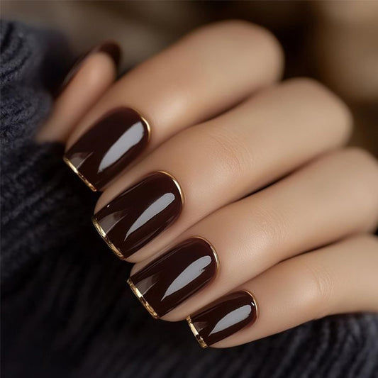 Taoyisent Glossy Chocolate Brown French Tip Press On Nails – Short Square Soft Gel Nails with Gold Edge, Reusable Full Cover Nail Tips, 24PCS