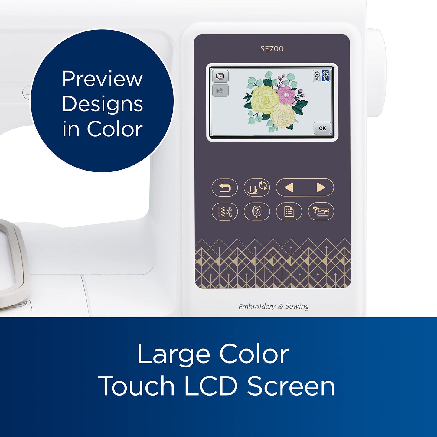 Brother SE700 Sewing and Embroidery Machine, Wireless LAN Connected, 135 Built-in Designs, 103 Built-in Stitches, Computerized, 4" x 4" Hoop Area, 3.7" Touchscreen Display, 8 Included Feet, White