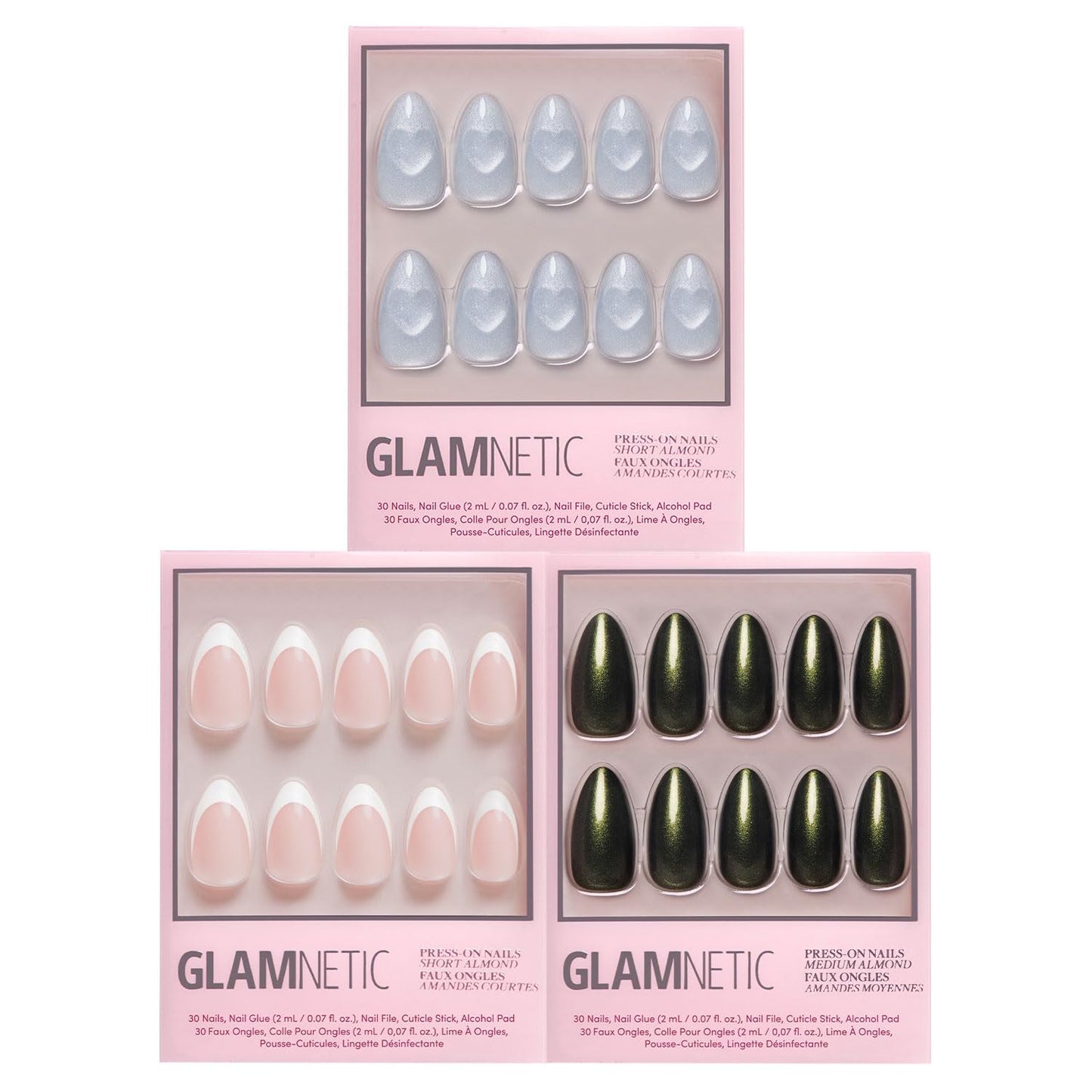 Glamnetic Press-On Nails Bundle - Cold Hearted, Velvet Pine & Cutie Pine | Short Almond Fake Nails with Heart Accent and Pale Blue Velvet Finish | Deep Green Short Oval Fake Nails with French Tips, Tr