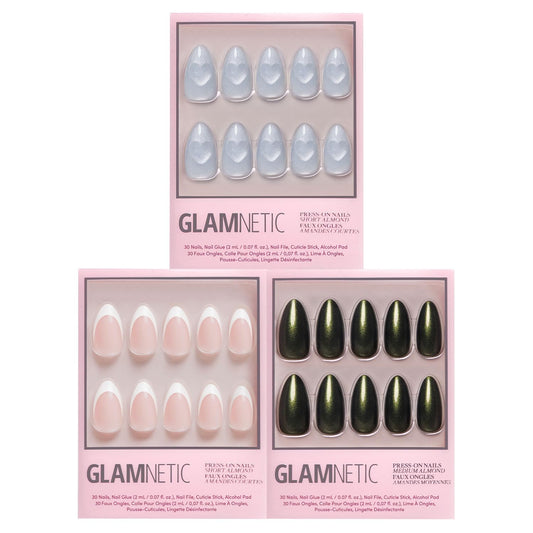 Glamnetic Press-On Nails Bundle - Cold Hearted, Velvet Pine & Cutie Pine | Short Almond Fake Nails with Heart Accent and Pale Blue Velvet Finish | Deep Green Short Oval Fake Nails with French Tips, Tr