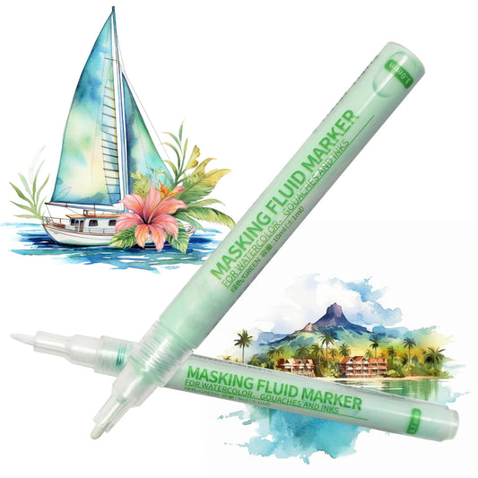 2 Pcs Green Masking Fluid Pens for Watercolor Painting, 0.7mm 3.0mm Applicator Tip Markers Set with 2 Cleaning Erasers, Art Masking Fluid Pen Watercolor Medium Art Supplies for Artists