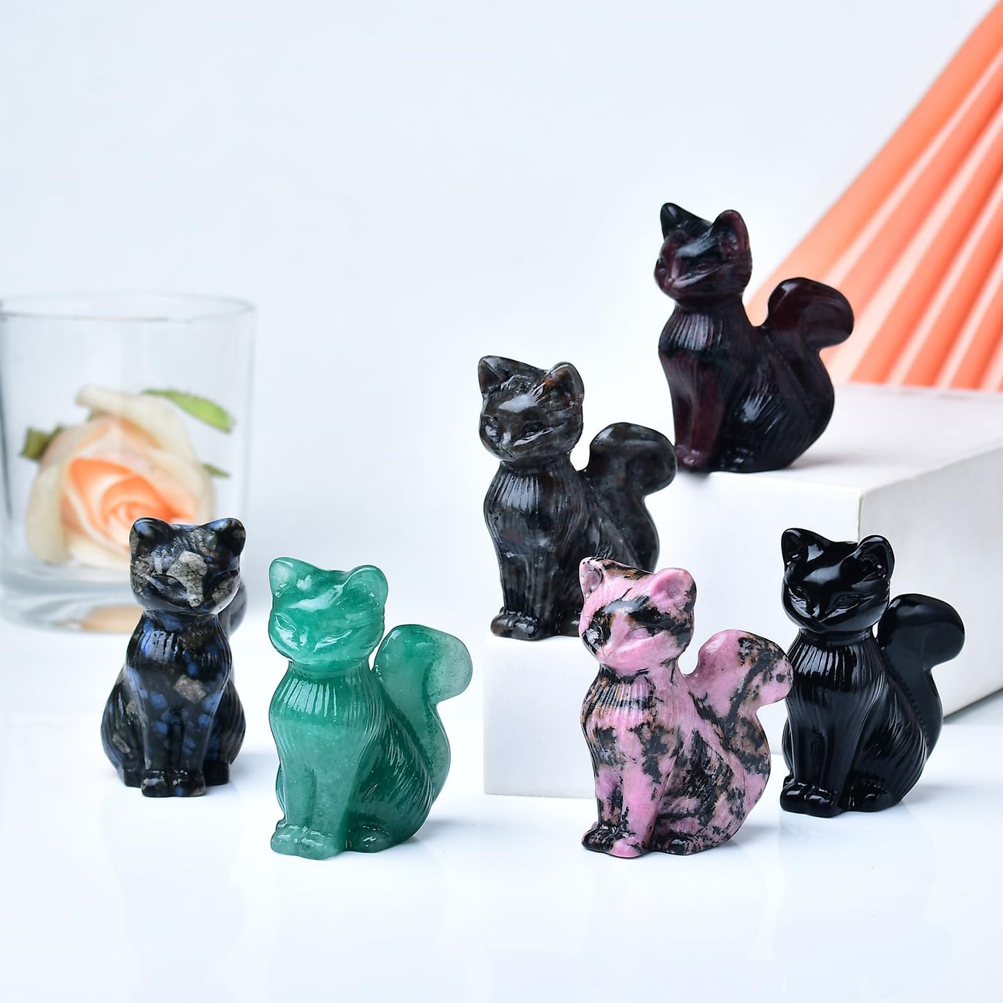 WUYOUSHI Natural Rhodonite Crystal Cat Statue 2.4 Inch - Handmade Healing Sculpture, Lucky Guardian Pocket Statue for Reiki Meditation, Office & Home Decoration Gift