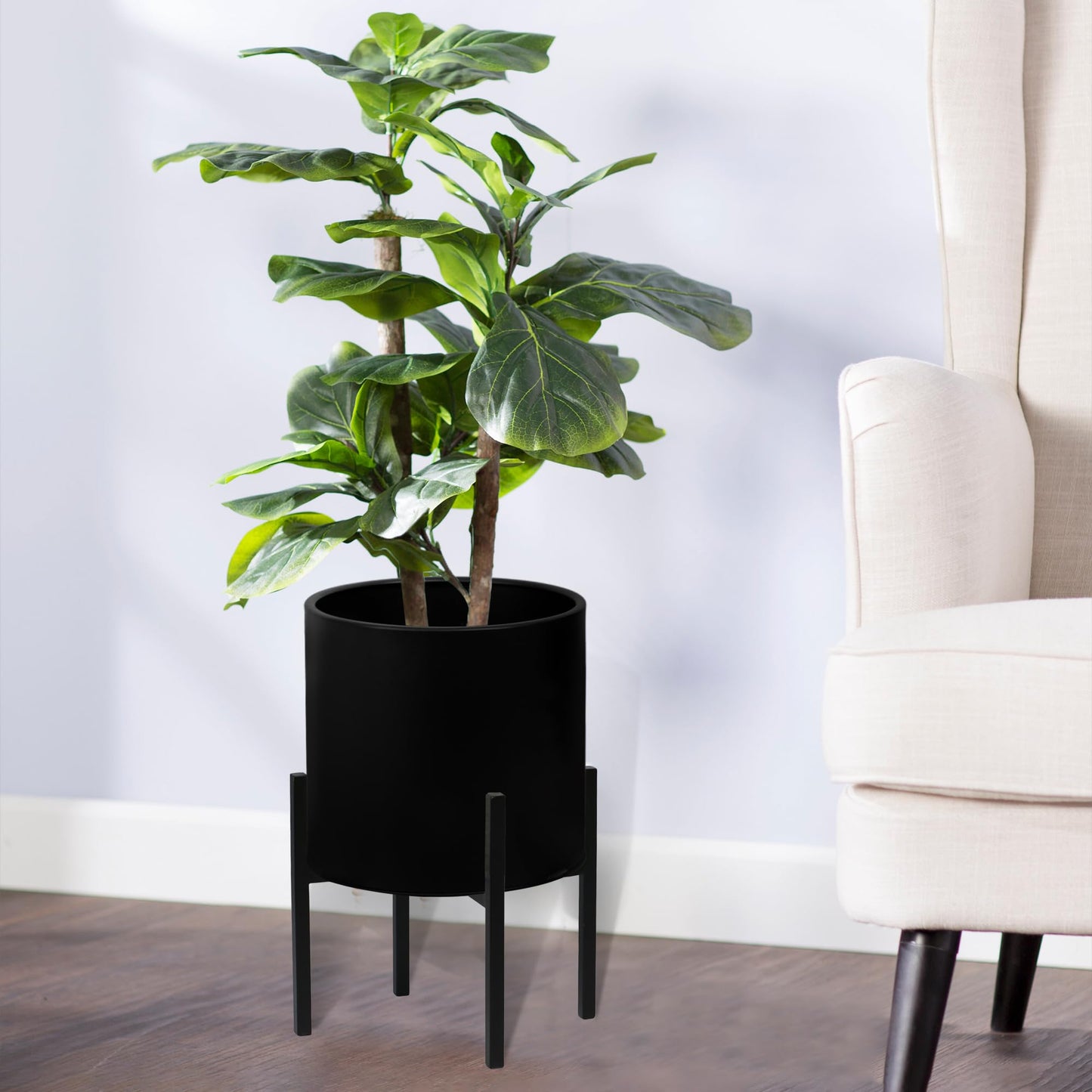 ARNIS Modern Plant Pots, Set of 2 Large Planters with Stand, Decorative Planters, Metal Pots with Drainage Holes for Living Room, Office, Garden or Balcony, 8.25 &10.5 Inch, Blcak