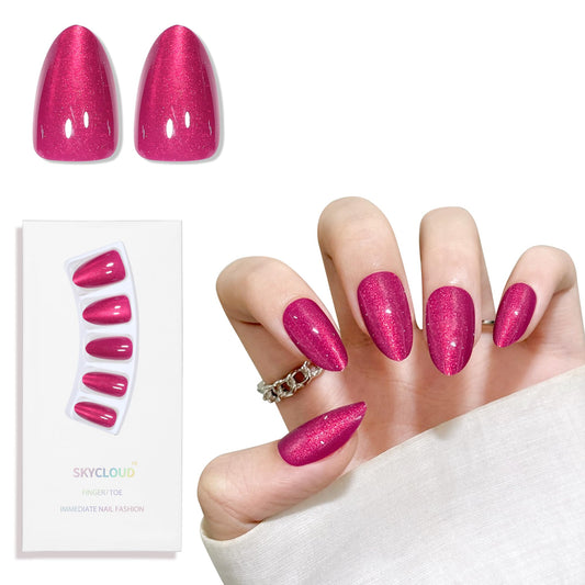 Rose Red Almond Cat Eyes Press On Nails,12 Sizes - 24 Pcs Soft Gel Red Medium Fake Nails Kit with Nail Glue, Natural Reusable Stick On False Nails for Women and Girls SK1024