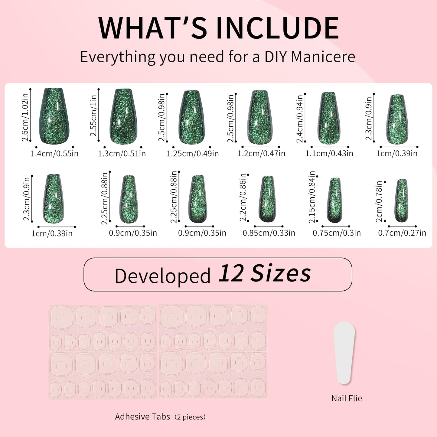 Dark Green Cat Eyes Press On Nails,12 Sizes - 24 Pcs Soft Gel Green Medium Coffin Fake Nails Kit with Nail Glue, Natural Reusable Stick On False Nails for Women and Girls SK0998