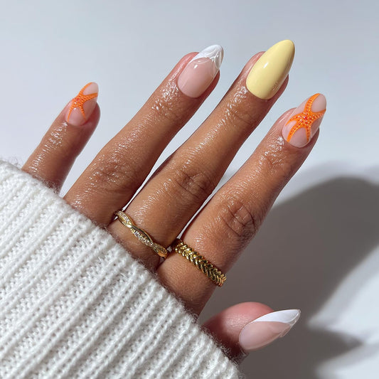 Glamnetic Press On Nails - Short Almond Fake Nails with Tropical 3D Nail Art | Salon Quality Vacation Nails | Sunset Tide |15 Sizes - 30 Nail Kit with Glue