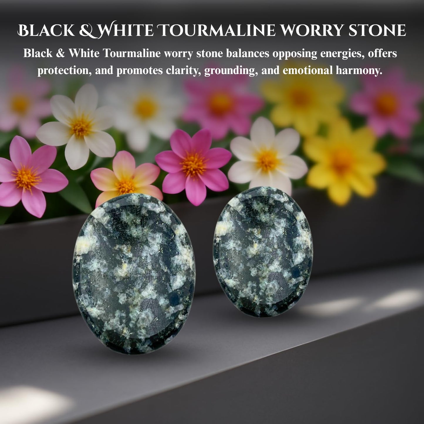 GEMSCITE Black & White Tourmaline Thumb Worry Stones Metaphysical Gemstone Crystal Healing Reiki Men Women Gift Feng Shui Positive Energy Love Wellness Palm Stones Wicca Powerful