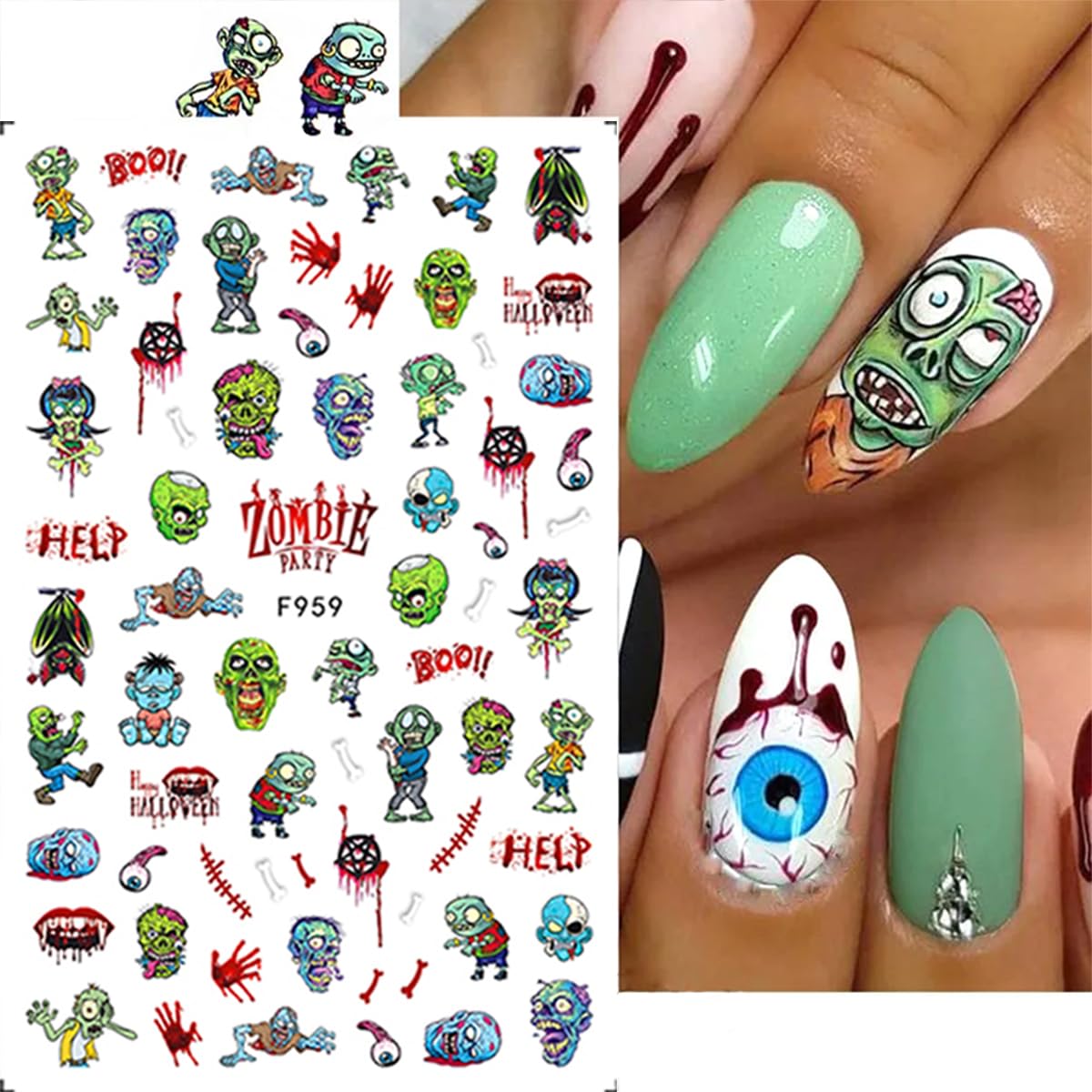 8 Sheets Halloween Nail Art Stickers 3D Punk Goth Nail Decals Evil Skull Rose Snake Nail Designs Sticker Self-Adhesive Halloween Nail Art Supplies Horror Zombie Nail Decorations for Women Manicure