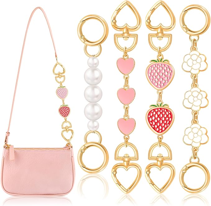 4Pcs Bag Extender Chain (Multishapes and Pearl) Purse Extender Chain Bag Strap Extender for Handbags Shoulder Bag, Metal Gold Chain Replacement Pink White Purse Bag Chain Accessories Mother's Day