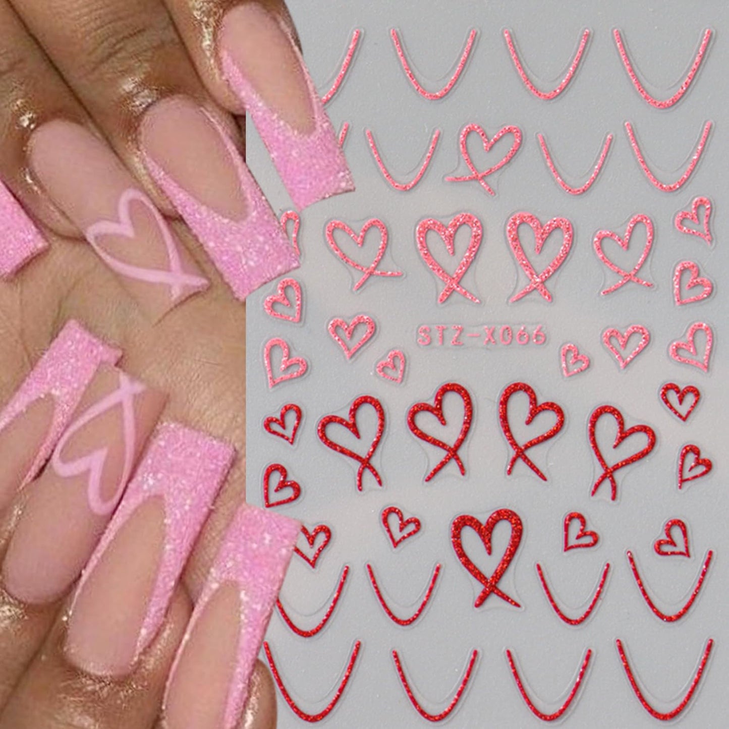 Heart Nail Stickers - Wavy Line Nail Design 3D Self-Adhesive Love Hollow Peach Heart Shaped French Sticker for Women Valentine Gift Nail Decoration