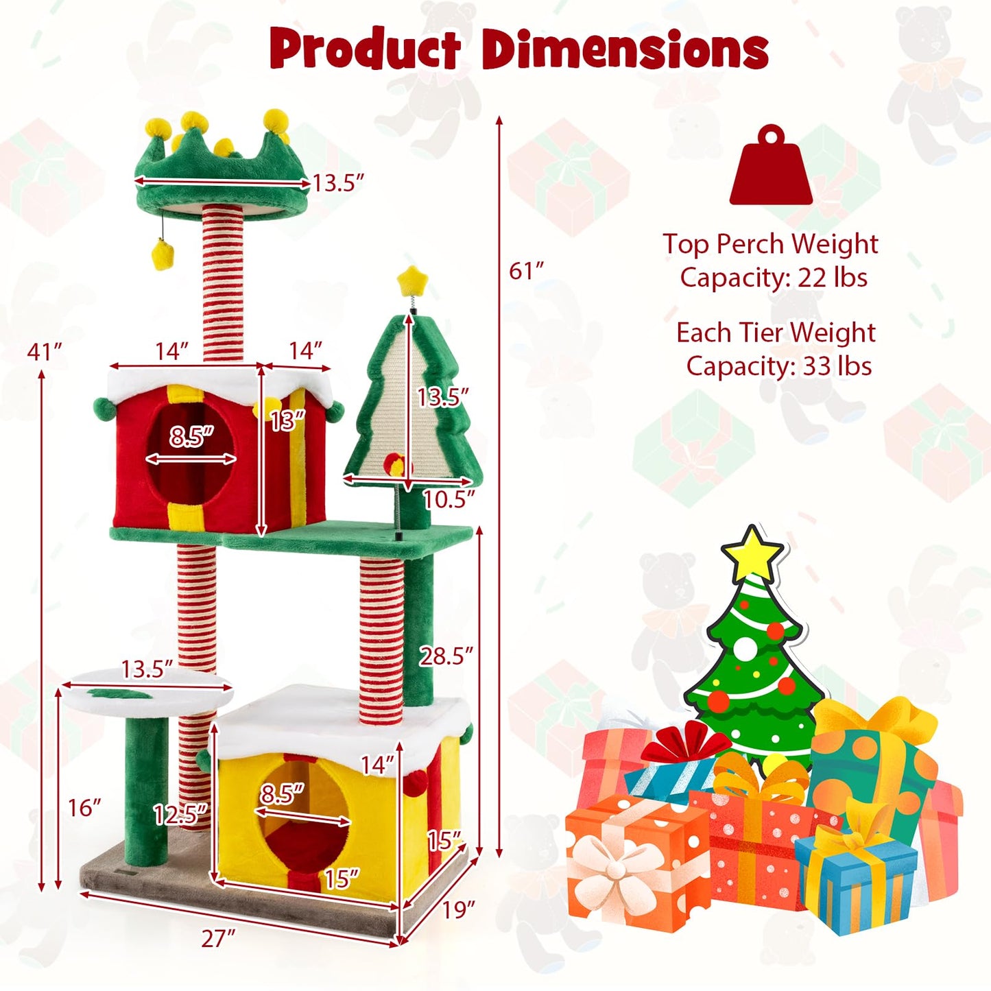 PETSITE 61 inch Christmas-Themed Cat Tree, Multi-Level Cat Tower with Sisal Scratching Posts, 2 Gift Box-Shaped Cat Condos, Hanging Teasing Ball, and Spring Toys, Cute Cat Tree Tower for Indoor Cats