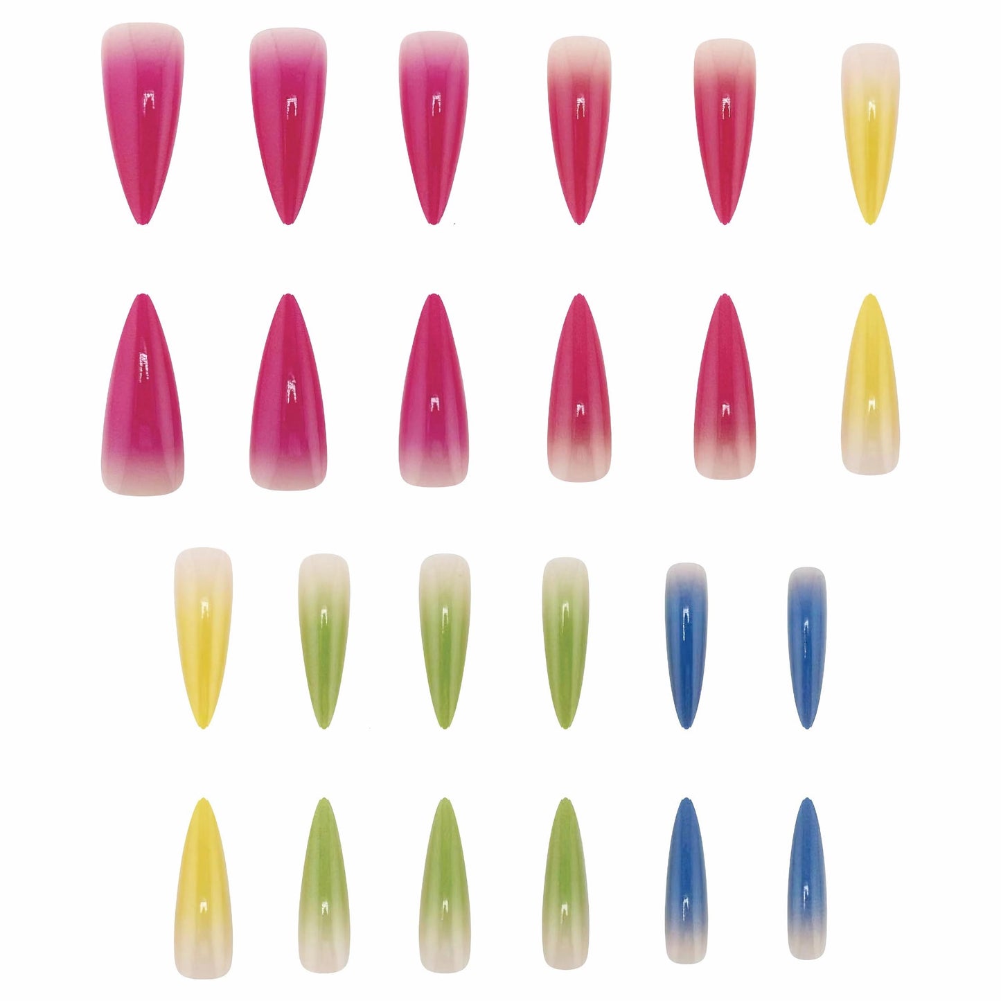MERVF Long Stiletto Press on Nails Colorful Ombre French Tip Glue ons Dopamine Design Almond Acrylic Fake Summer False Nail for Women Glossy 24pcs