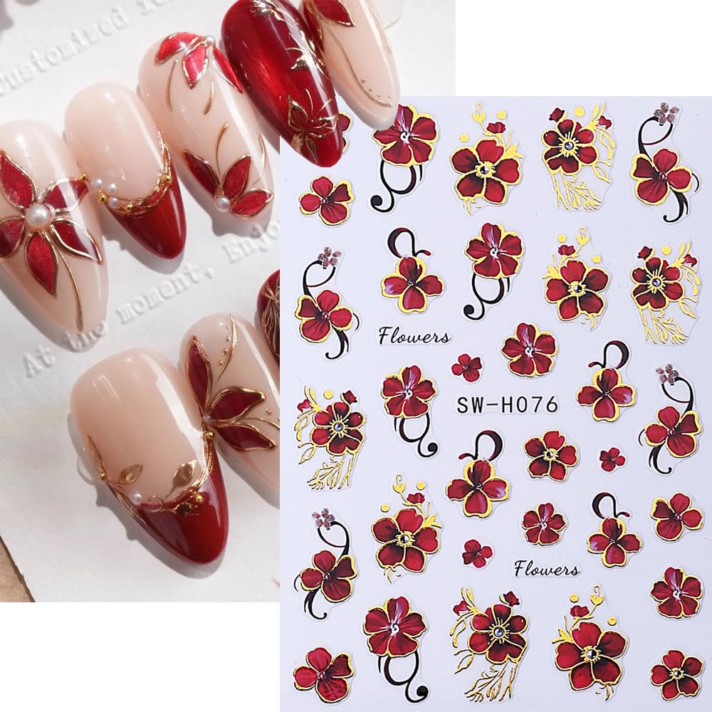 Red Flower Nail Art Sticker Decal 6Pcs 3D Elegant Self-Adhesive Nail Stickers Golden Trim Nail Decal Red Floral Nail Supply Spring Summer Flower Nails Design for Women Manicure DIY Decoration