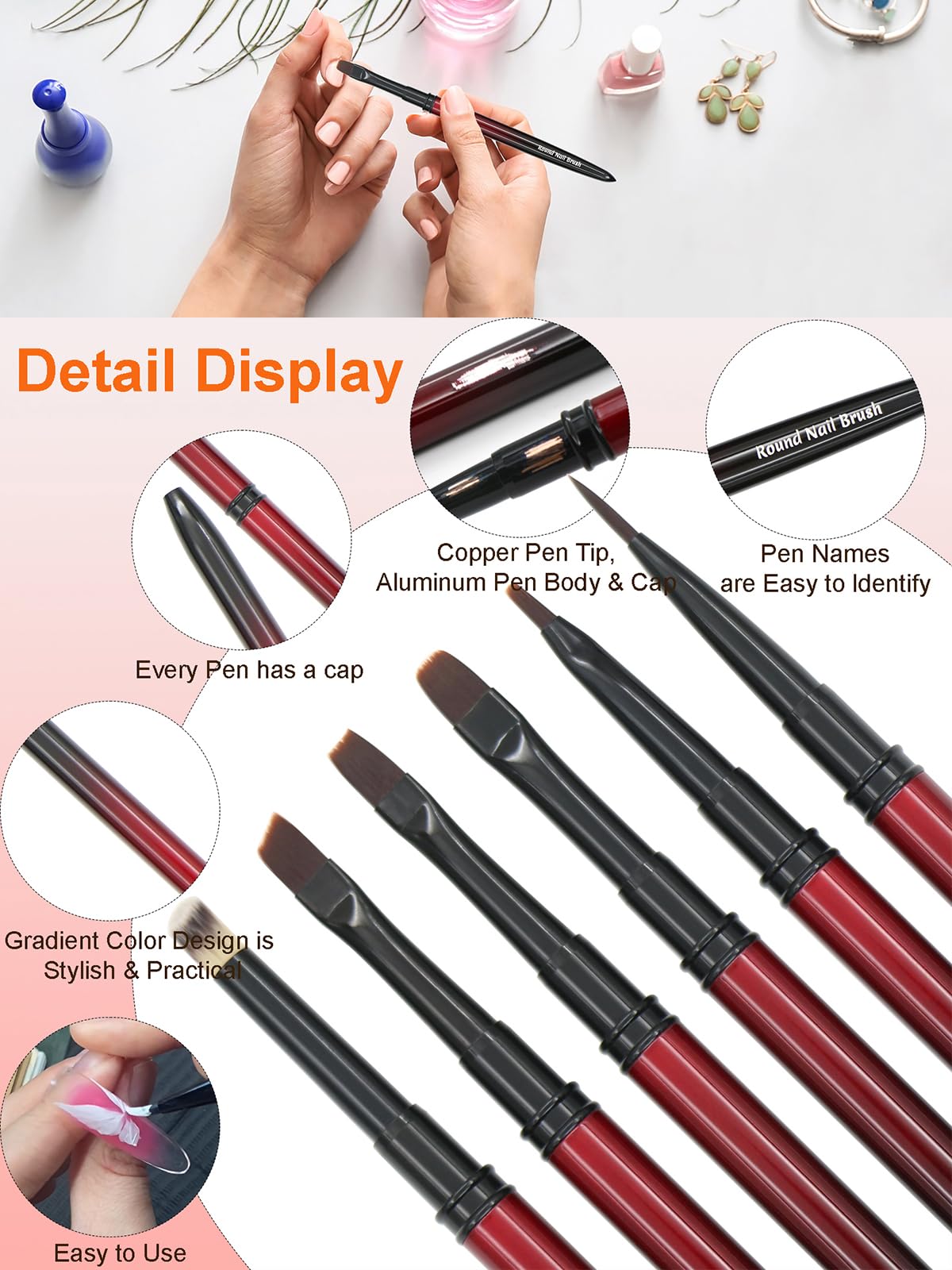 MYR 6Pcs Metal Nail Art Brushes and 2Pcs Nano Nail Files are suitable for Drawing Thick Lines, Painting Petals, Applying Phototherapy Gel, Halo Dyeing and other Personalized Nail Enhancement Designs