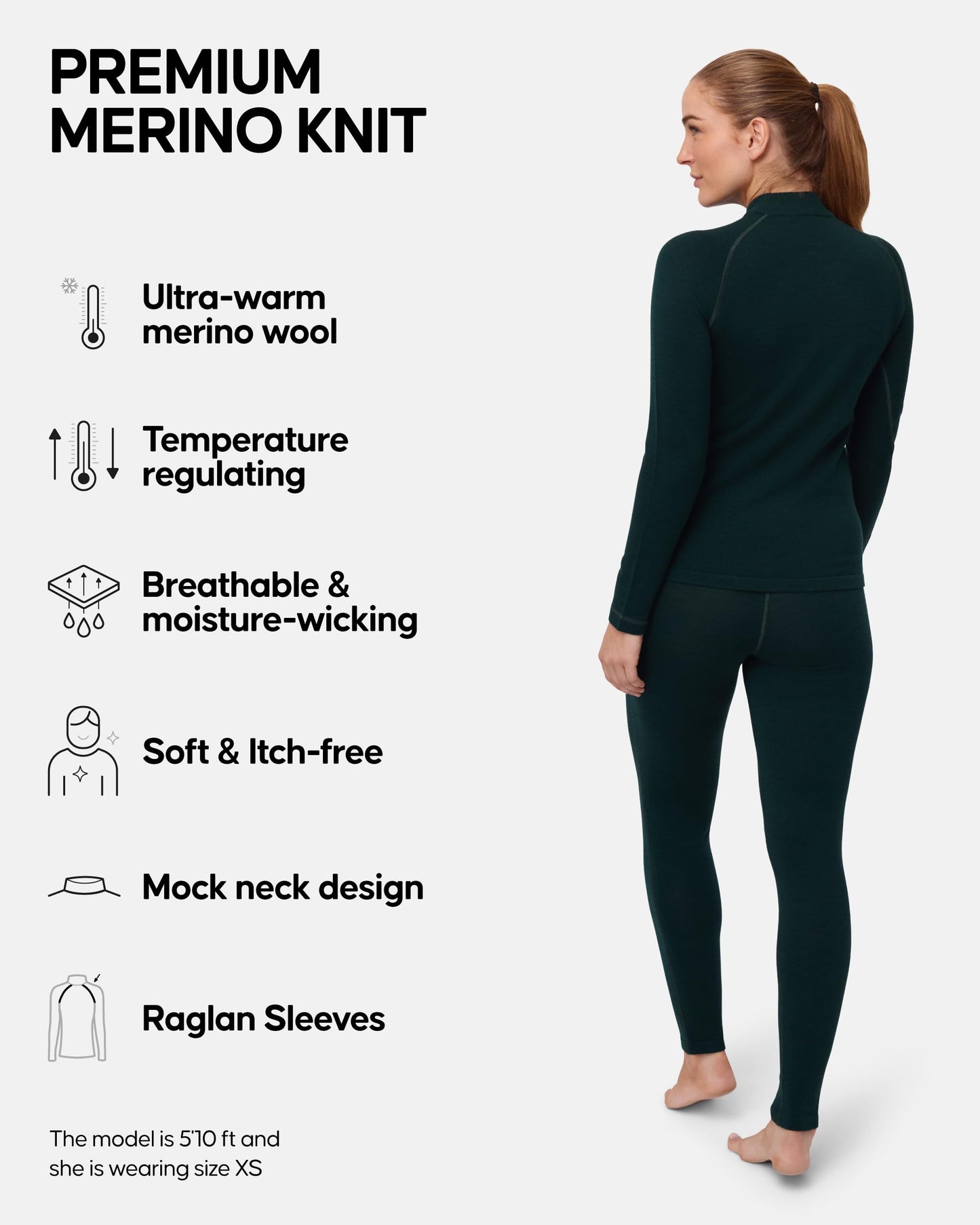 DANISH ENDURANCE Merino Wool Base Layers Women, Women's Thermal Sets for the Extreme Cold, Dark Green, Small