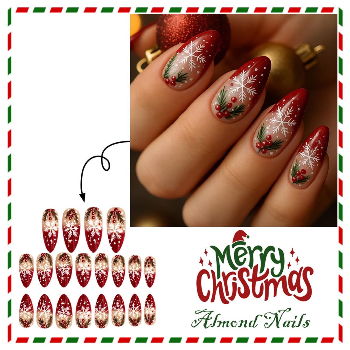 Red French Tip Christmas Press On Nails Medium Almond Fake Nails Snowflake With Holly Leaf Design Xmas False Nail Acrylic Glossy Reusable Stick On Nail Winter Glue On Nails For Women Girls 24pcs