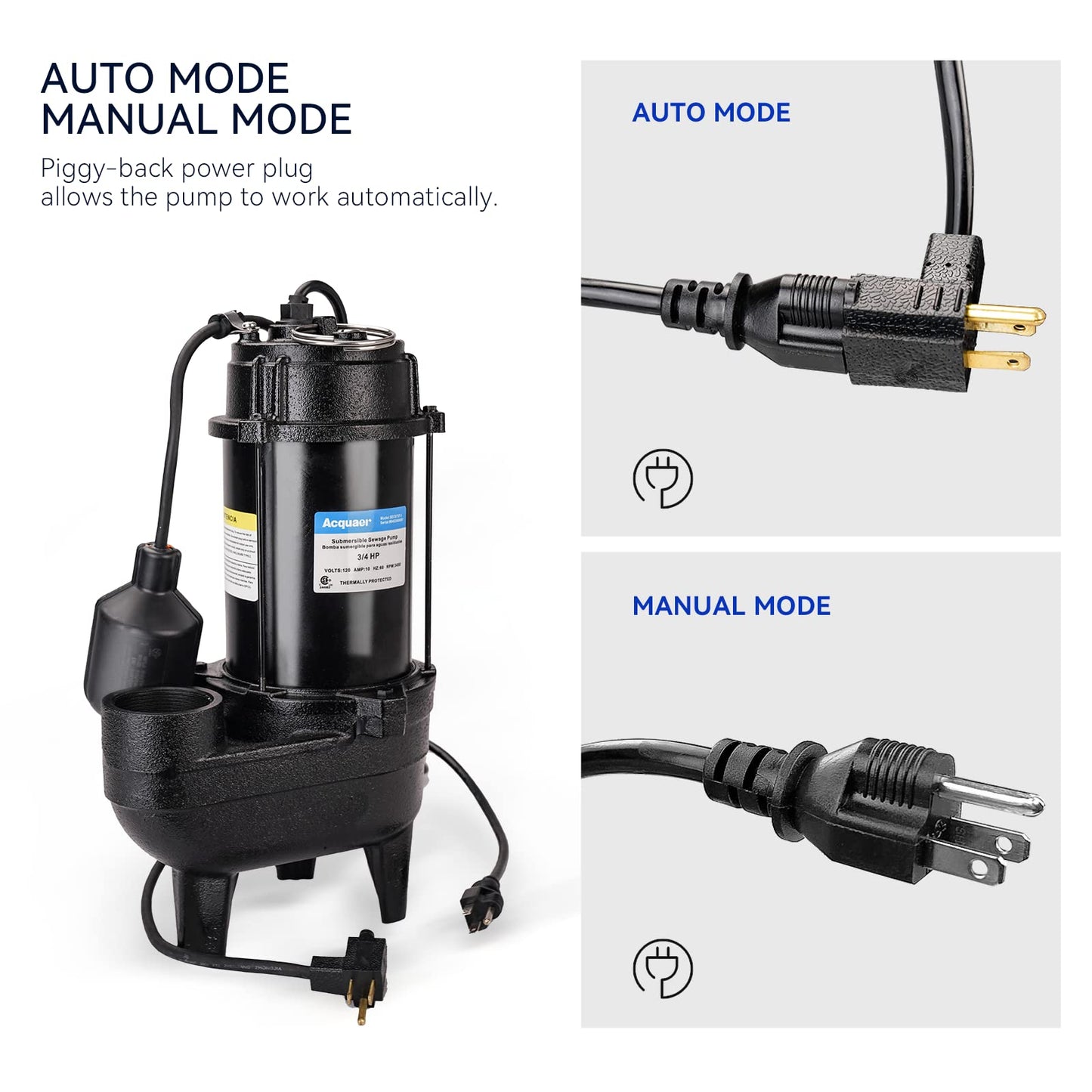 Acquaer Sewage Pump Submersible Water Pump with Automatic Float Switch, for Sump Basin, Residential Sewage, 3/4 HP 6400 GPH Sewage Pump 2'' NPT