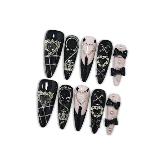Hantyer Gothic Y2K Press on Nails, Long Stiletto Glossy Black & White Nails, Silver Gothic Charms, Black Rhinestones & 3D Hand-Painted Art, Salon Nails Edgy Style for Nightlife & Concerts (Size S)