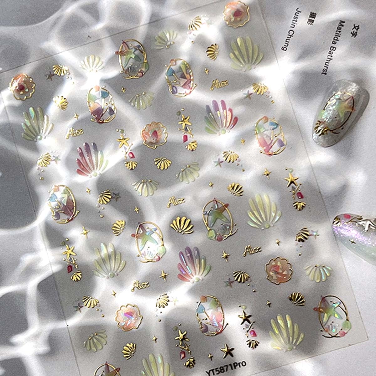 Summer Iridescent Nail Stickers Seashell Starfish Nail Decals Gold Stickers for Nails Design 3D Self Adhesive Nail Art Supplies & Decorations for Women Girls,1 Sheet DIY Manicure Decor
