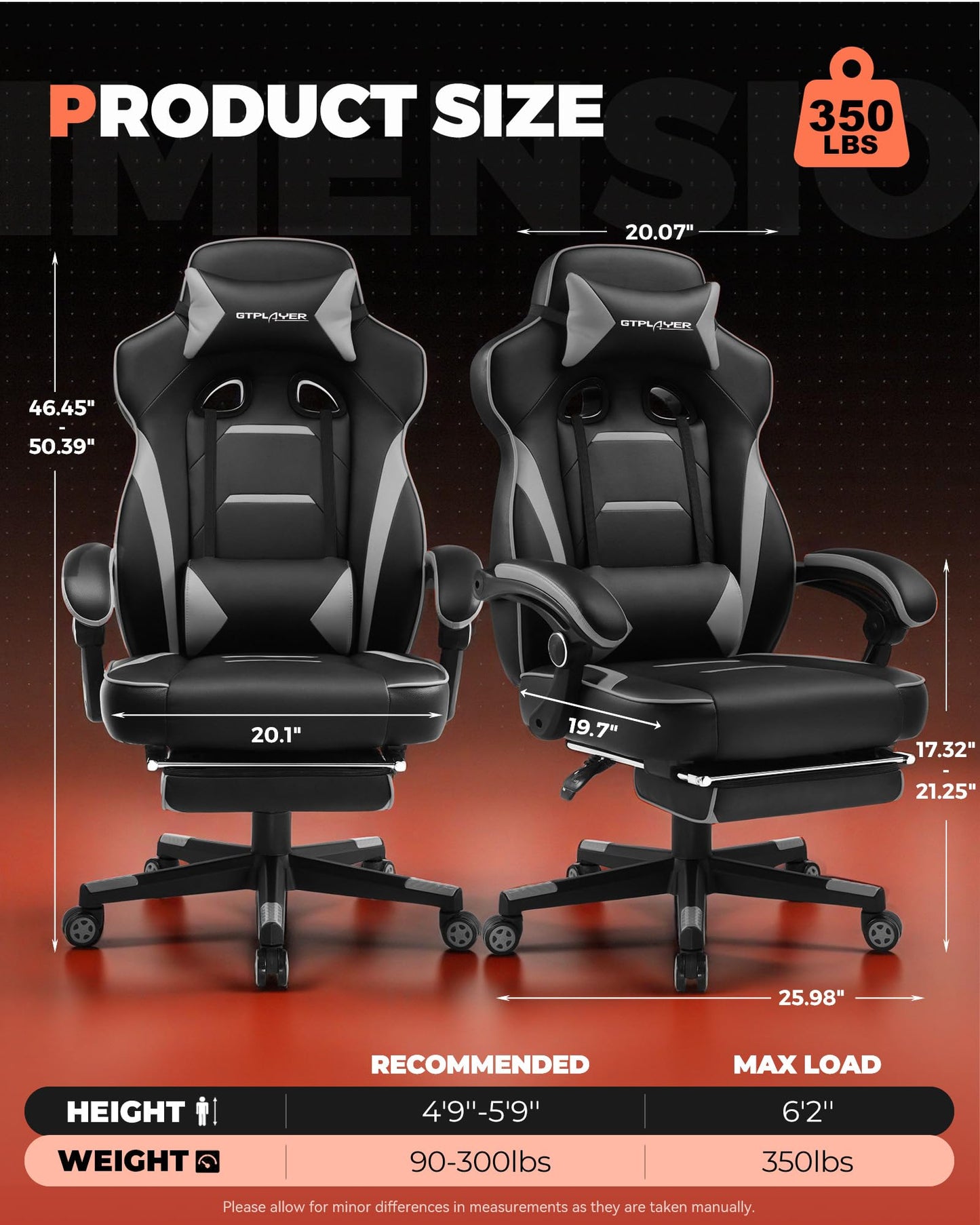 GTPLAYER Gaming Chair with Footrest, Big and Tall Game Chair 350lb Racing Style Computer Chair, Ergonomic Executive Office Chair High Back with Lumbar Support and Recliner, Light Gray