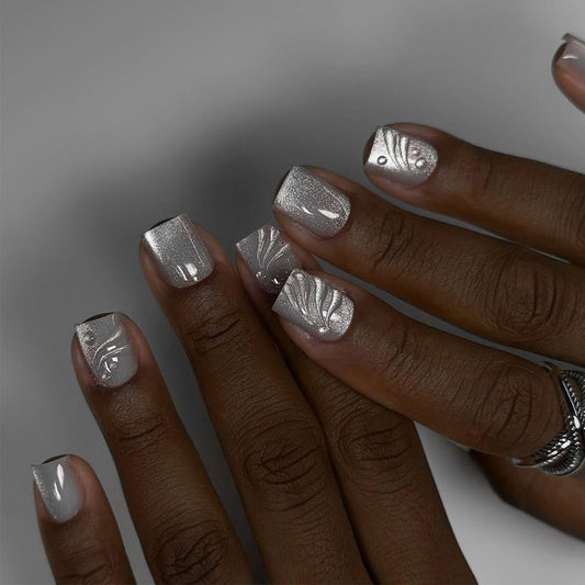Short Square Press on Nails HZJXRT Fake Nail 3D Curve Line False Nails with Sparkly Design, Glossy White Glitter Stick on Artificial Fingernails Reusable Moon Stick on Nail for Women Daily Wear