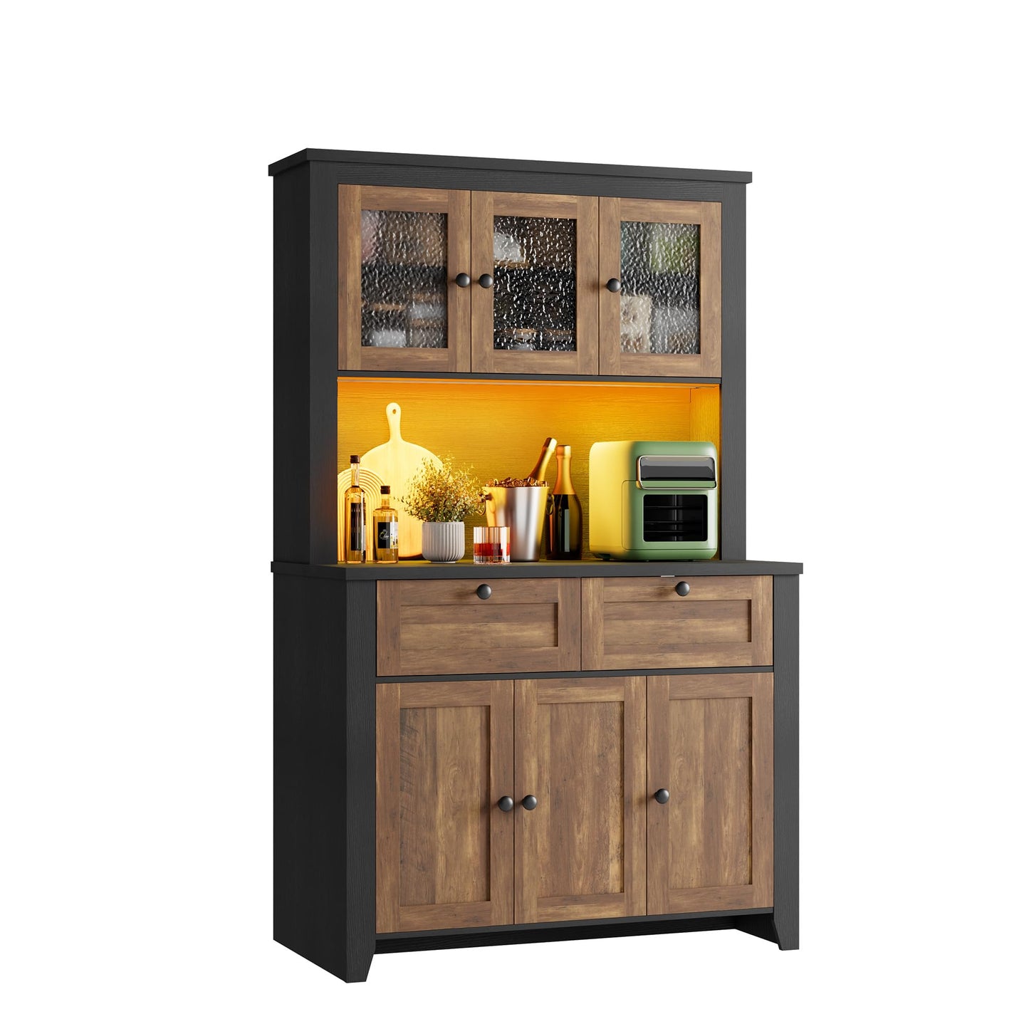 GarveeHome 66" Tall Pantry Cabinet with Power Outlet & LED Light, Kitchen Pantry Storage Cabinets with Countertop, Large Kitchen Hutch with Storage Drawers & Water Ripple Acrylic Panel Cabinet Door