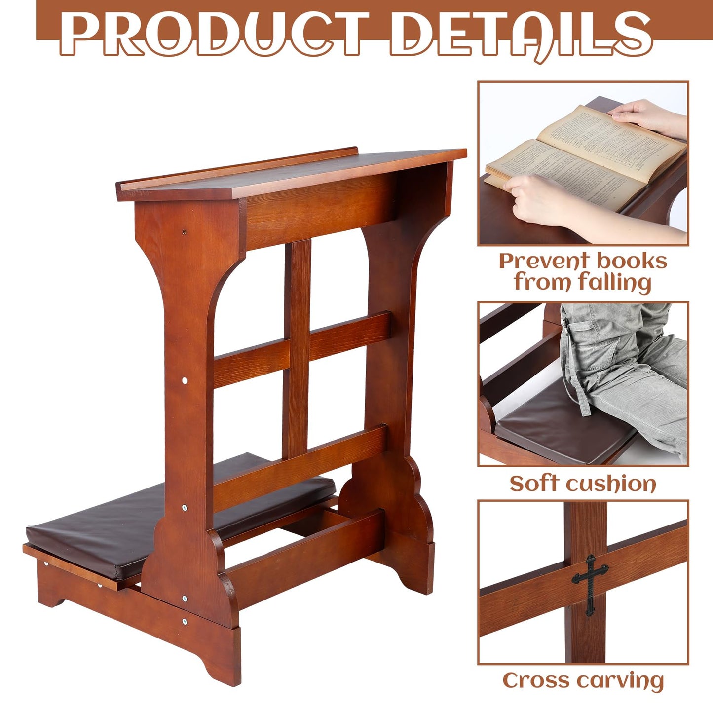 DoubleFill Solid Wood Prayer Bench Stool with Shelf and Cushion Church Prayer Bench Table Chair Padded Kneeler for Kneeling at Home, Religious Gifts, 23 x 20 x 32 Inches(Simple Style)
