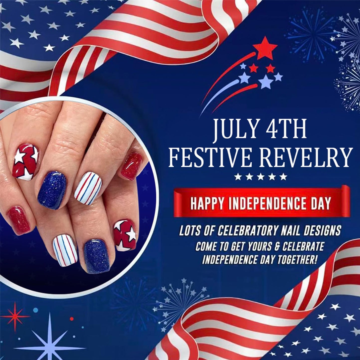 4th of July Press on Nails Short Square Fake Nails Red Blue Glitter False Nails with Star Stripes Design Independence Day Patriotic Nails Full Cover Glossy Stick on Nail for Women Manicure 24Pcs
