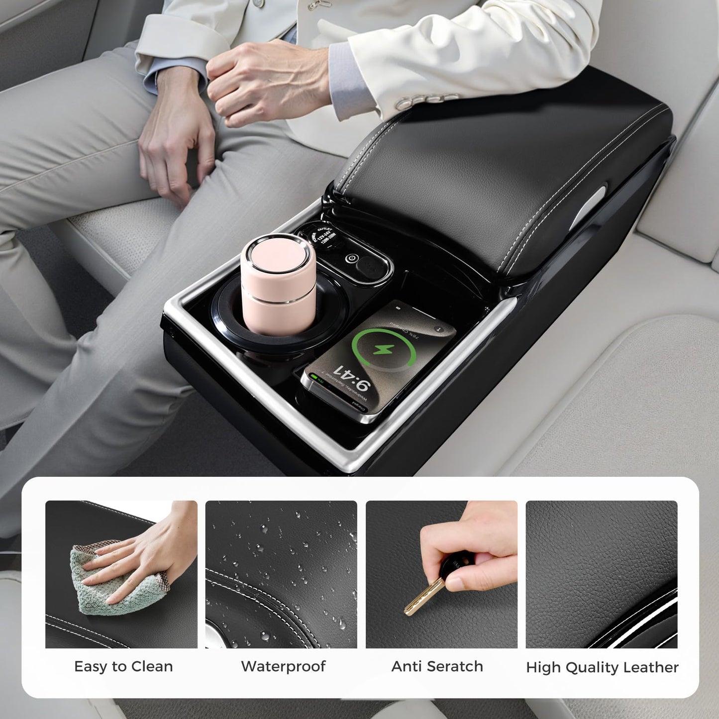 Coverado Center Console, Universal Bench Seat Center Console with Wireless Charging & Cup Holder & 7 Light Modes, Truck Back Seat Car Organizer, Rear Central Car Armrest Box with Storage, Black