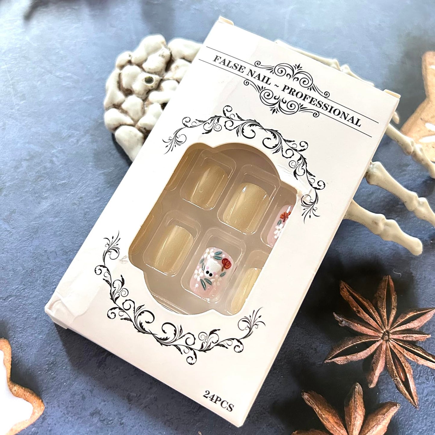 CJDLTS Halloween Press on Nails Short Square Cute Ghost False Nail Acrylic Artificial Fingernails Colorful Flowers Design Full Cover Glossy Festival Nude Stick on Nails for Women Supplies 24Pcs