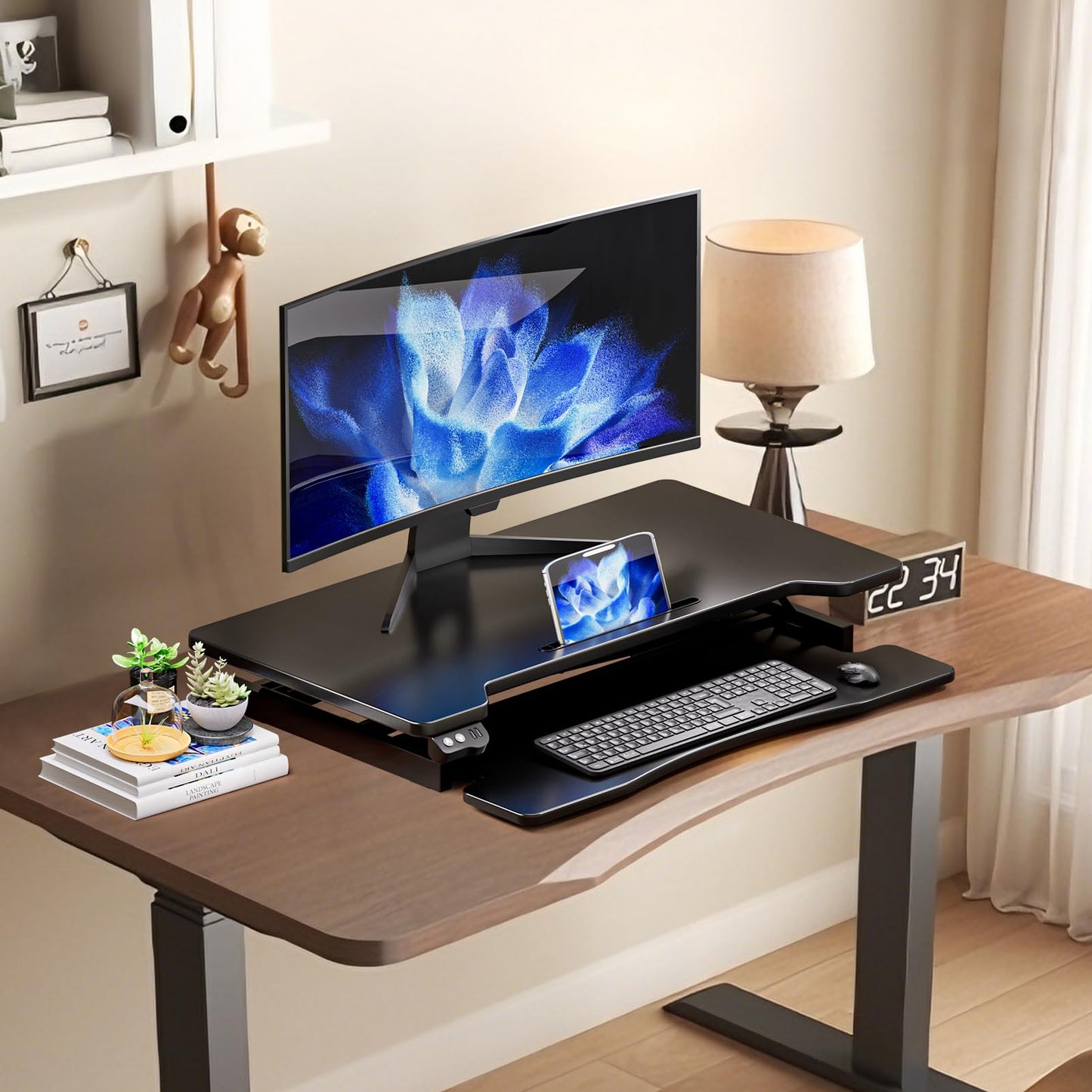OUKMIC 32" Electric Standing Desk Converter, Height Adjustable Sit to Stand Up Desk Riser with Large Keyboard Tray, Dual Monitor and Laptop Motorized Desktop Workstation for Home & Office, Black